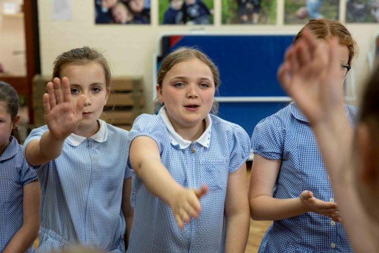 Key Stage 2 pupils engaged in a school drama workshop on WWII